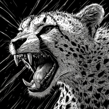 A leaping cheetah, growling with sharp teeth exposed, symbolizing power, aggression, and speed. The tattoo-style design is illustrated in scratchboard engraving, with detailed black-and-white textures showing the cheetahÃ¢â¬â¢s intense and agile nature.の素材