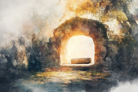 A digital watercolor painting of the empty tomb of Jesus, with the stone rolled away and the inside of the tomb bathed in soft, divine light. The peaceful scene captures the moment of resurrection, as the first rays of dawn illuminate the empty burial placeの素材