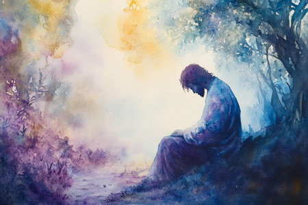 Jesus praying alone in the Garden of Gethsemane, with a halo of soft light around him. The watercolor uses deep blues, purples, and golds to evoke solitude, suffering, and divine will.の素材