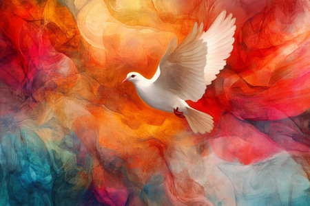 A beautiful digital painting of a dove, symbolizing the Holy Spirit, surrounded by an abstract watercolor composition of warm reds, oranges, and cool blues. The gentle flight of the dove contrasts with the powerful, swirling colors, representing both peace and divine actionの素材