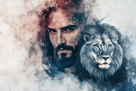 A striking digital illustration of Jesus Christ, the Lion of Judah, with a majestic lion next to Him. The manÃ¢â¬â¢s face is strong and compassionate, while the lion symbolizes His kingship and triumph. The grunge watercolor background evokes a sense of power, victory, and divine purposeの素材