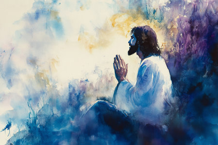 Jesus kneeling in prayer, his heart open to GodÃ¢â¬â¢s will. The watercolor uses dark blues, purples, and soft golds to evoke devotion, faith, and divine submission.の素材