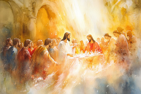 A moving watercolor of Jesus turning water into wine at a wedding, with soft reds and golden light surrounding the scene. The watercolor creates a joyful and miraculous atmosphere.の素材