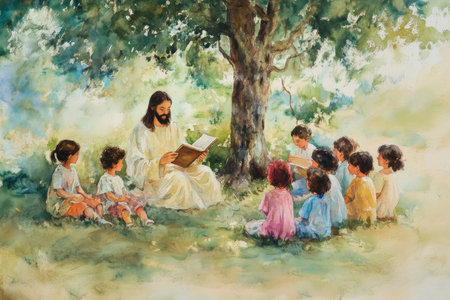Jesus sitting under a tree, reading scripture to children gathered around him. The watercolor features soft pastels of green, beige, and light blue, creating a serene scene.の素材