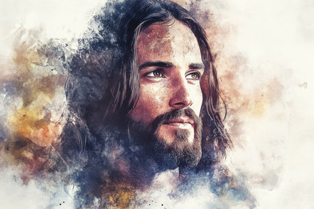 A digital watercolor portrait of Jesus Christ, His face expressing grace and understanding. The background features soft washes of color, with clear and open areas around the portrait to allow for text or other design elements. The simplicity emphasizes His divine presence.の素材