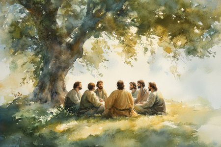 Jesus sitting with his disciples under a tree, teaching about forgiveness. The watercolor uses earthy tones, soft greens, and golden light to evoke warmth and wisdom.の素材