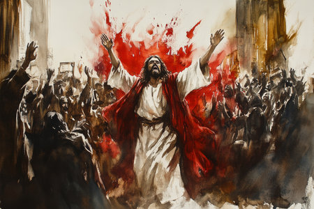 A dramatic watercolor of Jesus overturning the tables in the temple. Bold strokes of red, brown, and white create movement and energy, emphasizing the righteous anger of the scene.の素材
