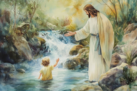 Jesus standing beside a flowing stream, reaching out to a child kneeling in prayer. The watercolor features soft greens, blues, and warm golds, symbolizing purity and faith.の素材