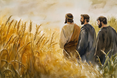 Jesus walking with his disciples, telling a parable in a field of wheat. The watercolor uses warm golden yellows, browns, and soft greens to evoke peace, fellowship, and divine insight.の素材