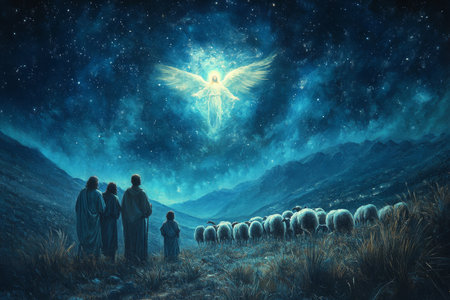 Shepherds standing in awe under a starry night sky, gazing at a radiant angel floating above them, with their flock of sheep peacefully grazing nearby, illuminated by the heavenly lightの素材