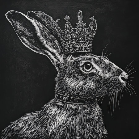 A hare with a wild punk-style mane, crowned with a royal crown, representing both speed and royalty. The scene is captured in scratchboard-style engraving, with intricate black-and-white details bringing out the hareÃ¢â¬â¢s unique blend of elegance and rebellion.の素材