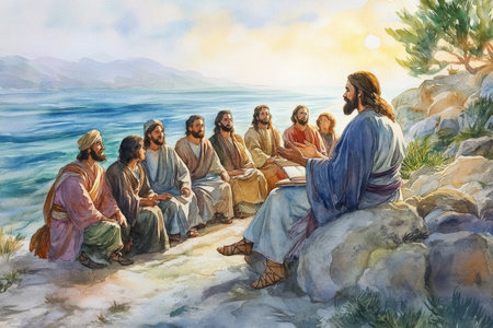 Jesus sitting on a rock by the sea, teaching a group of people. The watercolor features soft blues and greens, with warm golden light highlighting the peaceful gathering.の素材