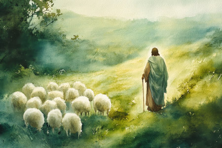 A peaceful watercolor of Jesus standing beside a shepherd, guiding sheep in a meadow. The painting uses soft greens, earthy tones, and gentle golden highlights.の素材