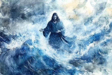 A watercolor depiction of Jesus calming a storm at sea, with dramatic clouds and waves painted in fluid, expressive strokes of blue, gray, and white.の素材