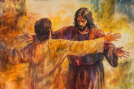A vibrant watercolor of Jesus opening his arms to welcome a prodigal son. Warm golds, earthy browns, and soft light highlight the theme of forgiveness and love.の素材