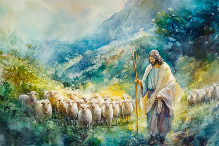 Jesus holding a staff, walking alongside a shepherd, leading a flock of sheep in a lush valley. The watercolor features soft greens, blues, and golden accents to create harmony and peace.の素材
