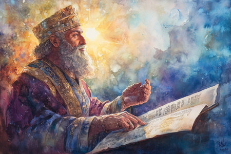 A peaceful and wise King Solomon in a contemplative pose, surrounded by scrolls and symbols of wisdom. The watercolor painting captures his reflective nature as he looks towards a bright, divine light in the background.の素材
