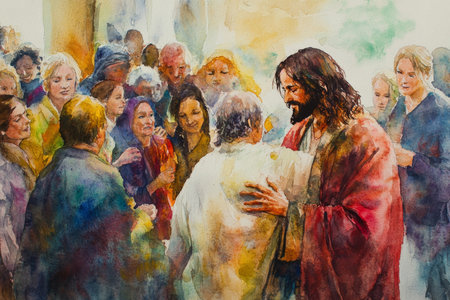 Jesus surrounded by a crowd, healing and touching the sick. The watercolor uses vibrant colors and soft edges to evoke an atmosphere of compassion, restoration, and divine presence.の素材