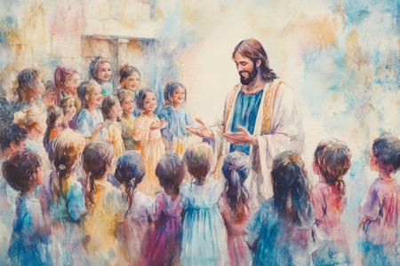 Jesus speaking to a crowd of children, smiling and blessing them. The watercolor uses soft pastel blues, pinks, and yellows to create an atmosphere of innocence, love, and divine care.の素材