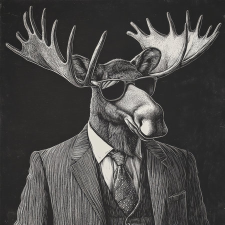 A moose wearing a sharp suit and stylish sunglasses, exuding elegance and charm with a modern twist. The scratchboard-style engraving in black-and-white details the mooseÃ¢â¬â¢s majestic antlers and fashionable attire with fine, intricate textures.の素材