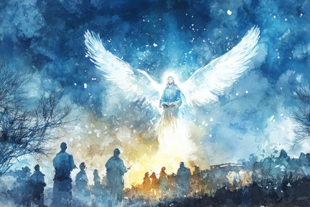 A peaceful, glowing digital watercolor scene of an angel appearing in the sky to shepherds, their faces filled with awe as the announcement of the SaviorÃ¢â¬â¢s birth fills the airの素材
