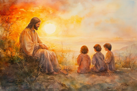 Jesus blessing a family gathered at his feet, with a glowing sunset behind them. The watercolor blends warm oranges, reds, and soft browns to create a comforting and holy moment.の素材