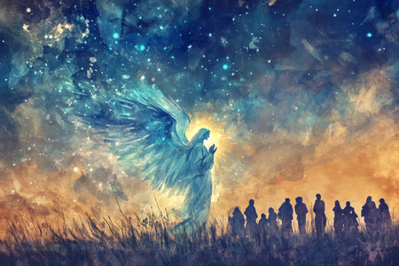A digital watercolor painting of an angel appearing to shepherds in a field, the night sky filled with stars and the angel's radiant light shining down on them. The shepherds look in awe and reverence as the angel announces the birth of Jesusの素材