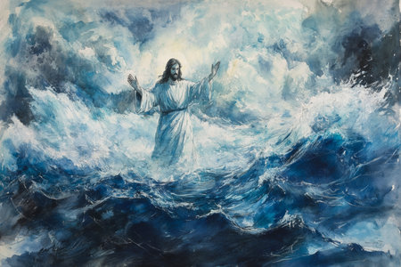 A watercolor depiction of Jesus calming a storm at sea, with dramatic clouds and waves painted in fluid, expressive strokes of blue, gray, and white.の素材