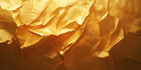 Golden crumpled paper texture with bright, reflective tones. Folds and highlights create a luxurious, high-impact visual.の素材