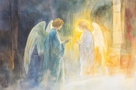 A serene watercolor scene of Angel Gabriel delivering the news to Mary, her gentle face illuminated by the angelÃ¢â¬â¢s divine light, with a peaceful and quiet atmosphere surrounding them bothの素材