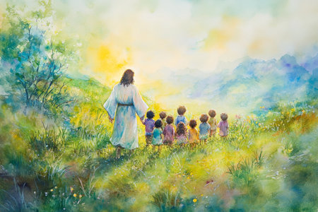 A vibrant depiction of Jesus leading a group of children through a meadow, filled with joy and light. The watercolor uses soft greens, yellows, and bright skies to evoke love and innocence.の素材