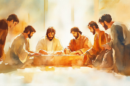 A tender watercolor illustration of Jesus washing the feet of His disciples during Maundy Thursday, with gentle strokes capturing His humility, the warm glow of the scene, and the reverence on the disciples' facesの素材