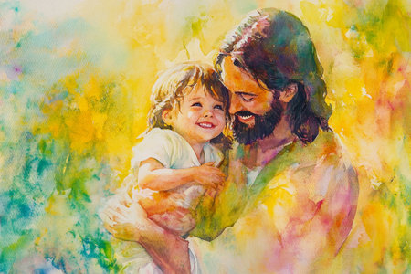 Jesus lifting a child into his arms as the child smiles joyfully. The watercolor uses vibrant yellows, pinks, and greens to depict love, tenderness, and divine protection.の素材
