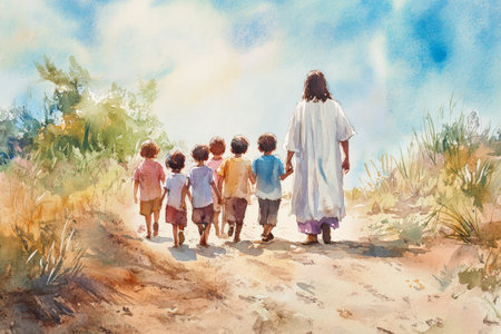 Jesus walking along a dirt path with a group of children, holding oneÃ¢â¬â¢s hand. The watercolor blends warm earth tones and soft blue skies to evoke simplicity and joy.の素材