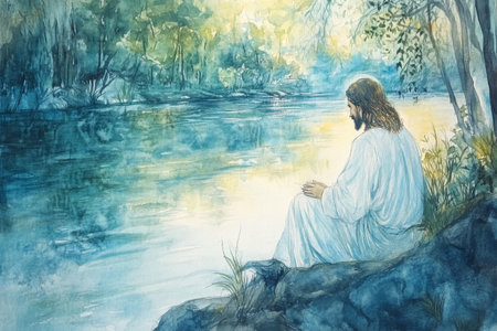 Jesus in a tranquil moment of prayer, kneeling beside a river with the gentle flow of water in the background. The watercolor uses soft blues and greens to evoke serenity and spiritual connection.の素材