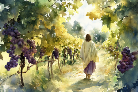 A peaceful scene of Jesus walking through a lush vineyard, with vines and grapes surrounding him. The watercolor blends soft greens, purples, and golden hues to evoke tranquility and divine presence.の素材