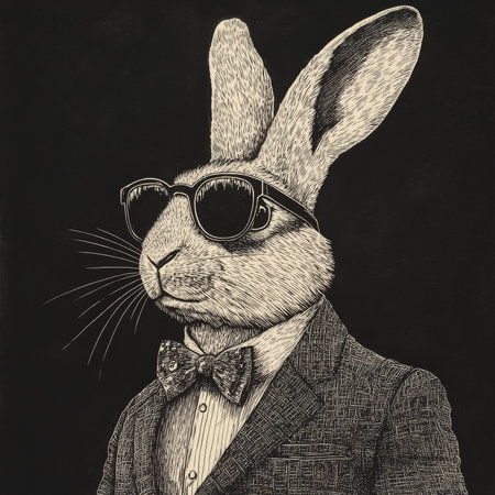 A rabbit dressed in a sharp suit and stylish sunglasses, combining the elegance of wildlife with a modern, hipster fashion twist. Rendered in detailed scratchboard-style engraving, the intricate black-and-white textures highlight the contrast.の素材