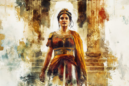 A digital watercolor illustration of Queen Esther standing gracefully in the royal palace, adorned in regal attire. Her expression is one of determination and wisdom as she prepares to approach the king. The opulent Persian court and golden accents around her symbolize her courage and position as queen.の素材