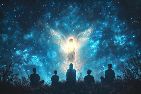 The moment of the angelic announcement, depicted in a digital watercolor style; shepherds kneeling in reverence, gazing up at the radiant angel under a tranquil, starry night skyの素材