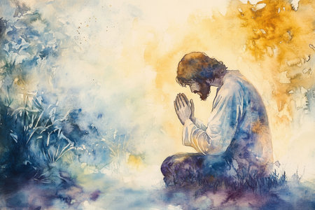 Jesus kneeling in prayer at the garden of Gethsemane, his hands clasped in devotion. The watercolor uses muted blues, purples, and gold to reflect solitude, faith, and divine connection.の素材