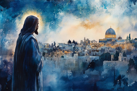 Jesus gazing over the city of Jerusalem, with a faint halo of light around him. The watercolor uses deep blues, soft whites, and light golden accents to evoke a sense of reverence and prophecy.の素材