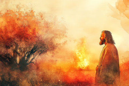 A digital watercolor painting of Moses approaching the burning bush, with the intense flame casting light on his face. The desert background is bathed in soft hues of orange and red, highlighting the mystical and holy momentの素材