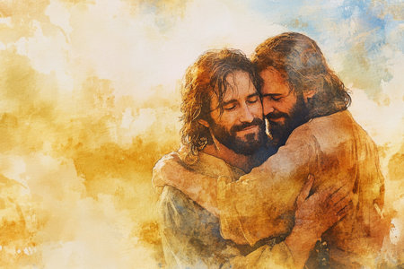 Jesus embracing a repentant man, surrounded by the soft glow of forgiveness. The watercolor uses golden yellows, earthy browns, and pastel skies to evoke warmth and hope.の素材