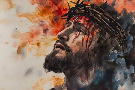 Jesus on the cross, his face filled with sorrow but also peace. The watercolor uses dark reds, blacks, and golds to represent sacrifice, divine love, and salvation.の素材