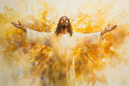 A depiction of Jesus with open arms, surrounded by light, welcoming all who come to him. The watercolor uses golden hues and soft light to create an inviting, peaceful atmosphere.の素材