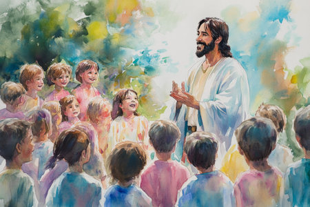 Jesus speaking to a crowd of children, smiling and blessing them. The watercolor uses soft pastel blues, pinks, and yellows to create an atmosphere of innocence, love, and divine care.の素材