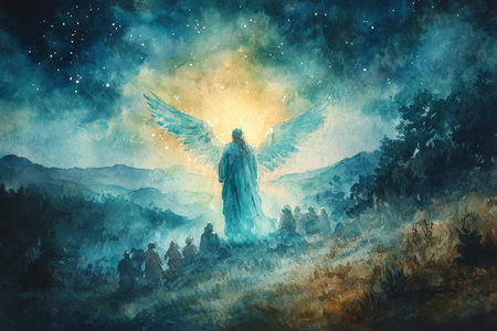 A vibrant watercolor illustration of an angel appearing to the shepherds, surrounded by soft light and heavenly glow, with the stars shining brightly over the peaceful hills and fieldsの素材