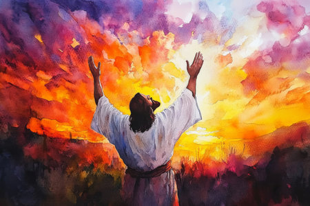 Jesus standing under a glowing sky at sunset, his hands raised in blessing. The watercolor painting blends fiery oranges, purples, and soft whites to capture the celestial moment.の素材
