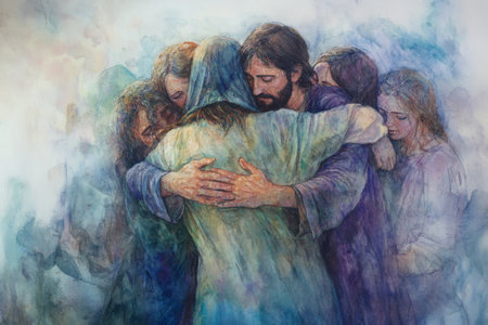 Jesus embracing a group of people, surrounded by a soft light. The watercolor uses calming blues, purples, and soft greens to reflect the warmth, peace, and love in the embrace.の素材