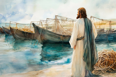 Jesus standing by the Sea of Galilee, surrounded by fishing nets and boats. The watercolor palette includes soft blues, sandy browns, and warm sunlight accents.の素材